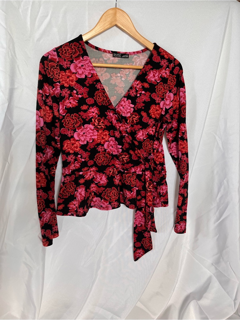 Rebel Sugar Black Wrap Blouse with Pink & Red Floral Print